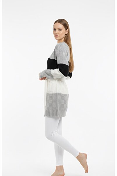 rushana Women's Slim Fit Color Pocketed Belted Knitwear Cardigan