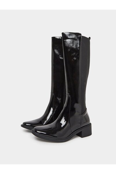 Styli Black Patent Knee-High Boots with Gusset