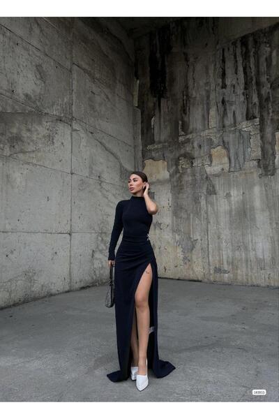 Modafeminen guler ridicat cu pietre aplicate cu fantă FLOWERS Rochie de seara 583055 ALBASTRU ÎNCHIS