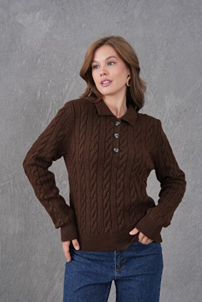 Noi Belis Hair Braid Detail Half Placket Button Polo Neck Knitwear Sweater Aw25Kz0097