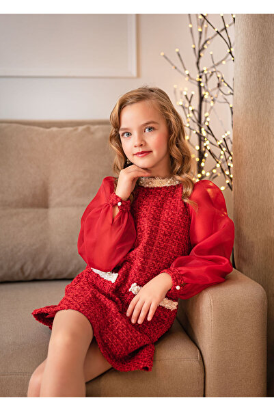 kiddos.ro Red tweed mother-daughter dress set with organza puff sleeves, Vanessa