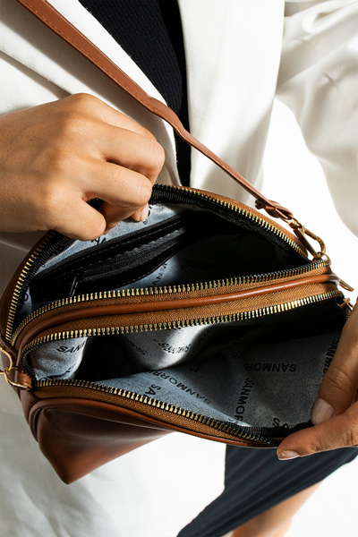 Morpelikan Women's Cross Strap 3 Compartment Double Metal Zipper Gold Accessory Shoulder Bag