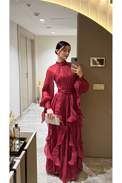 Klex Yüksek Yaka Şifon Uzun Abiye Elbise – Fırfırlı Dökümlü Kuşaklı Model