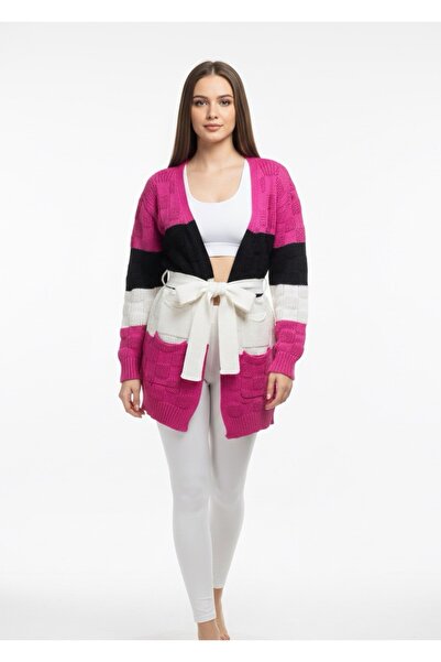 rushana Women's Colorful Pocket Belted Slim Fit Knitwear Cardigan