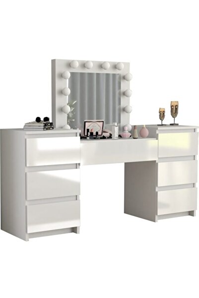 Artool Dressing table/makeup table, white, glossy drawers, with mirror and LEDs, Antonia, 155x42x135 cm