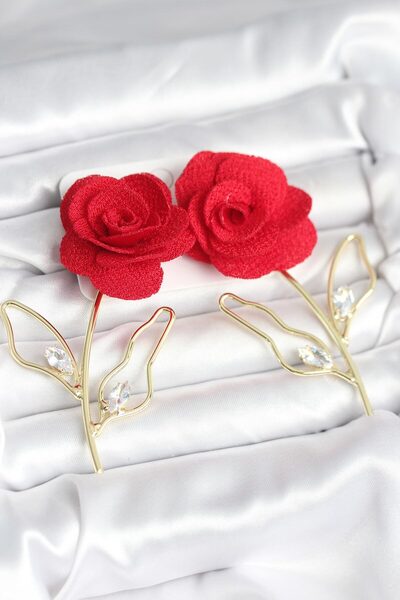 Carmella Brass Gold Color Red Rose Model Women's Earrings Rsrbj34-Esrdns