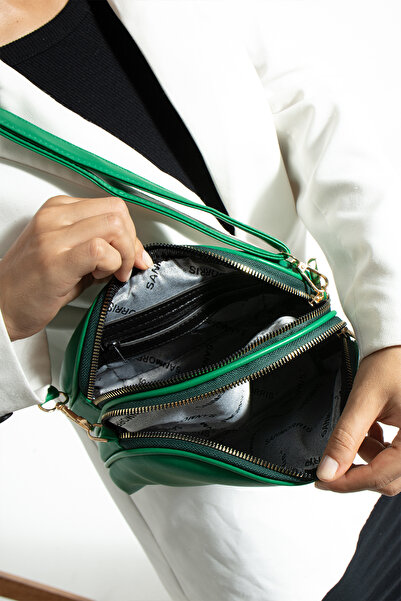 Morpelikan Women's Cross Strap 3 Compartment Double Metal Zipper Gold Accessory Shoulder Bag