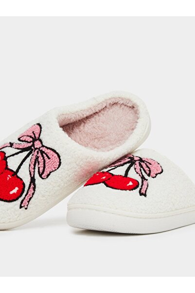 Styli Cream Cherry Pattern Bedroom Slippers