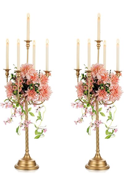 NUPTIO حاملات الشموع، قطعتان، ارتفاع 37 بوصة، شمعدان ذهبي بخمسة أذرع