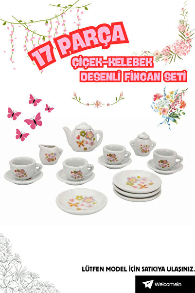 welcomein 17 Parça Porselen Çay Seti Kırmızı Çiçekli Puantiyeli Çiçek Kelebek...