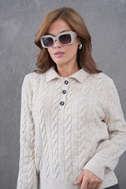 Noi Belis Hair Braid Detail Half Placket Button Polo Neck Knitwear Sweater Aw25Kz0097