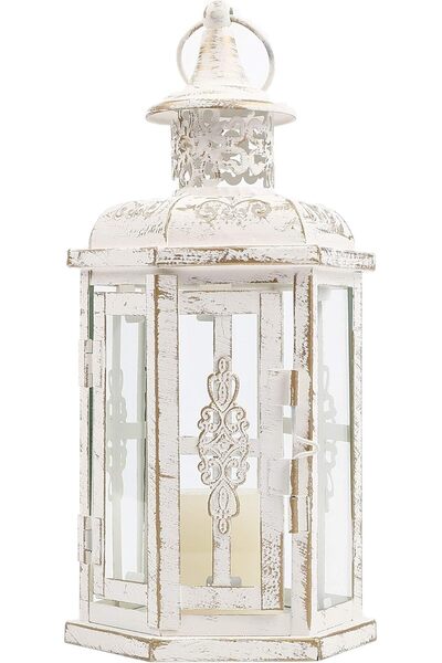 JHY DESIGN فانوس شموع زخرفي عتيق، حامل شموع معدني معلق مقاس 10 بوصات (أبيض مع...