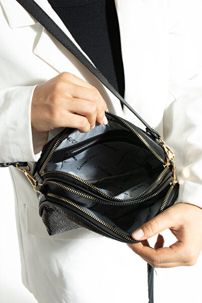 Morpelikan Women's Cross Strap 3 Compartment Double Metal Zipper Gold Accessory Shoulder Bag