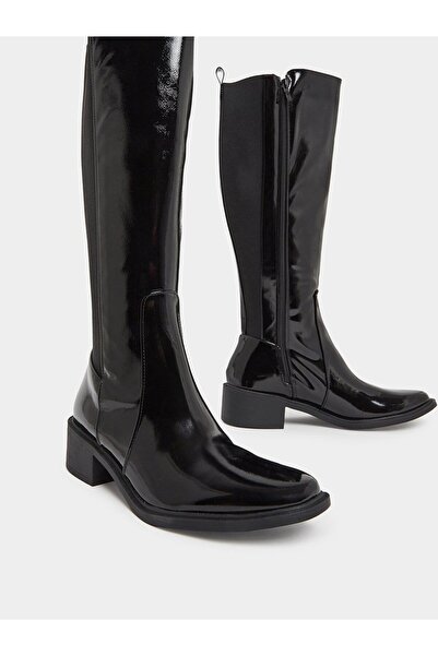 Styli Black Patent Knee-High Boots with Gusset
