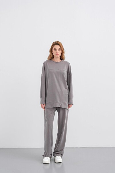 Basicpark Gray Women's Tncl Mixed Soft Textured Ribbed Wide Leg Basic Top and Bottom Set