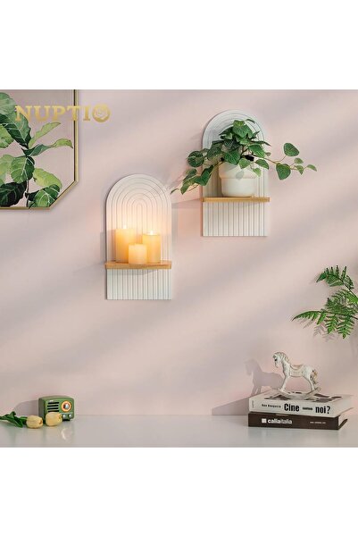NUPTIO White Wood Candle Sconces - Set of 2 Boho Wall Decor, Mounted Candle Holders