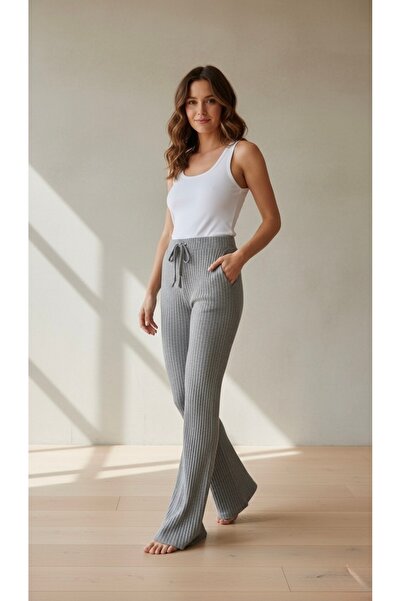 Daynav Corded Fabric High Waist Tie-Up Flared Leggings Pants / Rib Knit Winter Slim-Fit Pants