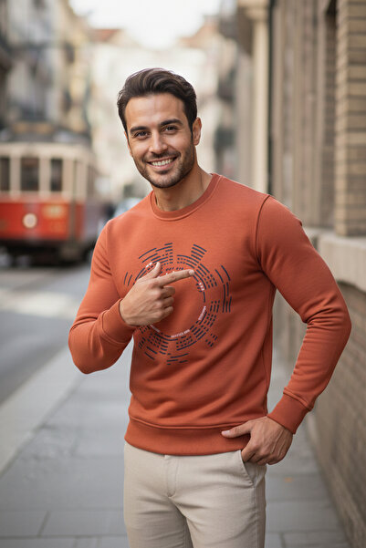 NAZEF Slim Fit Patterned 100% Cotton Long Sleeve Casual Brick Color Sweatshirt
