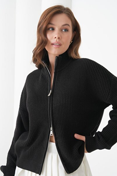 Noi Belis Oversized Mock Neck Zippered Knitwear Cardigan Aw25Hi0065