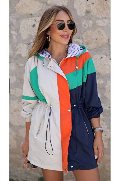 MATTİMODA Kadın Renkbloklu Astarlı Basen Boy Ceket Yağmurluk