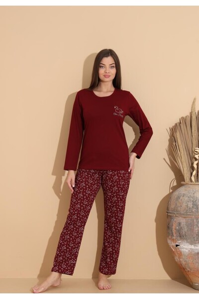 TOSKI Pijama damă visiniu, bluză „Our Family” și pantaloni cu imprimeu flamingo