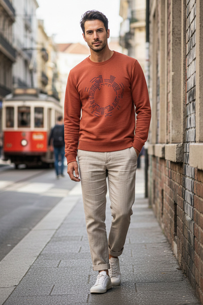 NAZEF Slim Fit Patterned 100% Cotton Long Sleeve Casual Brick Color Sweatshirt