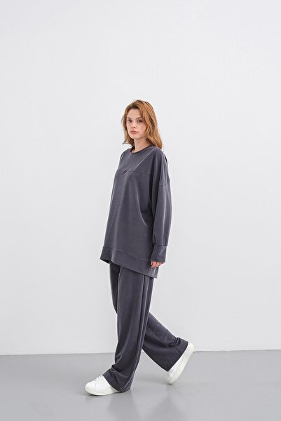 Basicpark Smoked Women's Tncl Mixed Soft Textured Ribbed Wide Leg Basic Top and Bottom Set