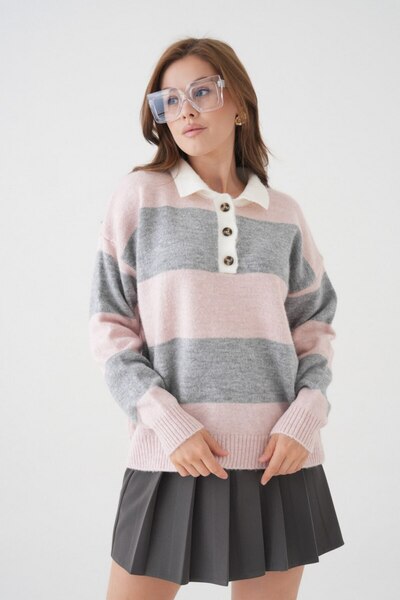 Noi Belis Oversized Color Block Half Placket Button Knitwear Sweater Aw25Kz0099