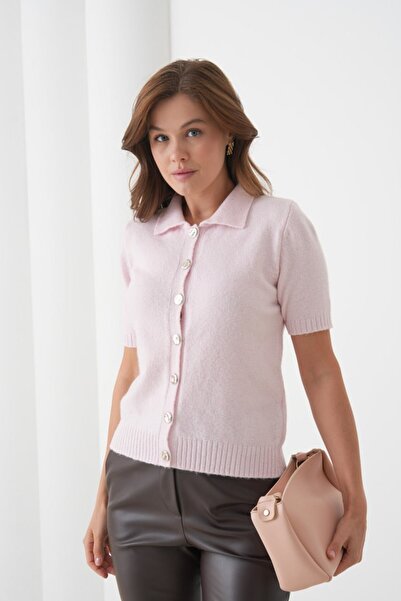 Noi Belis Soft Textured Short Sleeve Polo Neck Knitwear Cardigan Aw25Hi0064