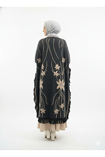 CELTMODA Women's Collared Buttoned Patterned Tasseled Hijab Cashmere Poncho - Brown