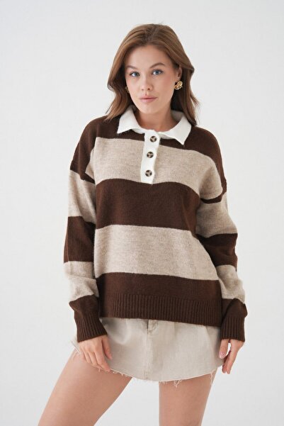 Noi Belis Oversized Color Block Half Placket Button Knitwear Sweater Aw25Kz0099