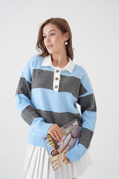 Noi Belis Oversized Color Block Half Placket Button Knitwear Sweater Aw25Kz0099