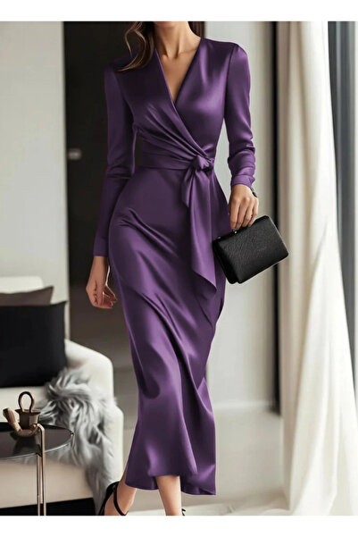 Butik Women's Long Sleeve Double-Breasted Collar Belted Waist Long Satin Dress
