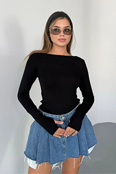 jeneric Black Boat Neck Finger Detail Buzzy Fabric Slim Fit Body-Blouse