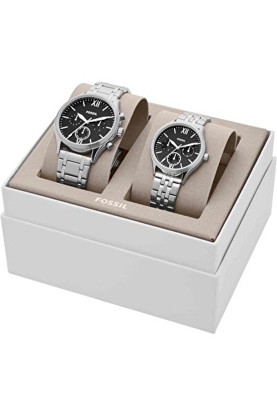 Fossil His and Her Fenmore Midsize Multifunction Stainless Steel Watch Gift Set