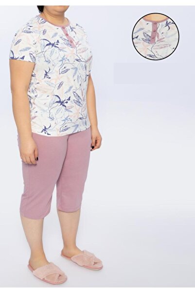 TOSKI Pijama Dama Bumbac Mărimi Mari, Baza Gâtului cu 3 Nasturi și Flori,Mov