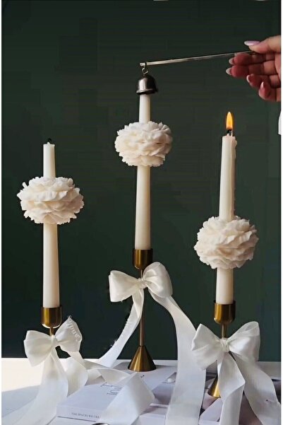 By Şirin Candle 3 lü (Sadece Mum) Kokulu Şakayık Detaylı Beyaz Şamdan Mum