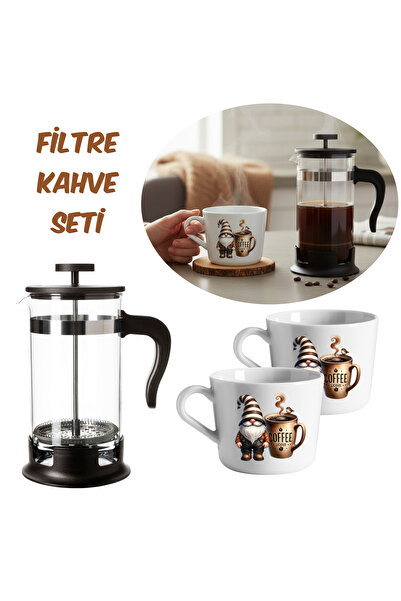 ODİ HOME Filter Coffee Set French Press 1 Liter and 2 Pieces Printed Mugs 240 ml