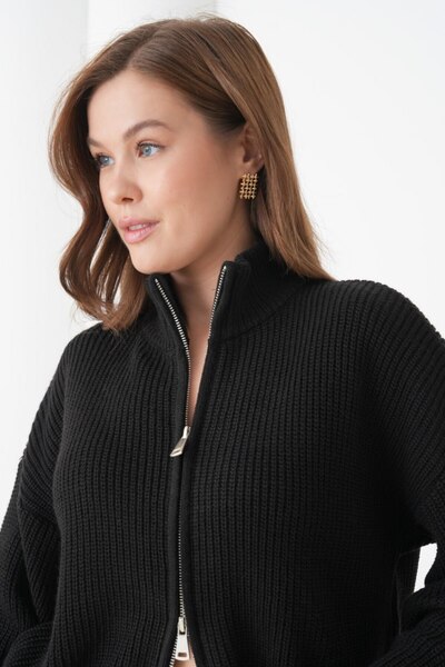 Noi Belis Oversized Mock Neck Zippered Knitwear Cardigan Aw25Hi0065