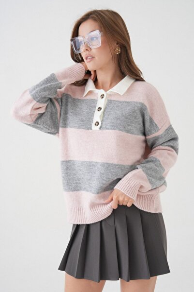 Noi Belis Oversized Color Block Half Placket Button Knitwear Sweater Aw25Kz0099