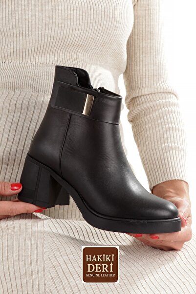 Modabuymus Μαύρες γνήσιες δερμάτινες μπότες με χοντρό τακούνι καθημερινά γυναικεία μποτάκια Sun44