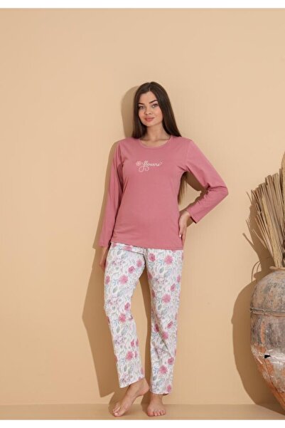TOSKI Pijama damă cu bluză „Flowers” și pantaloni cu imprimeu floral, roz prăfuit