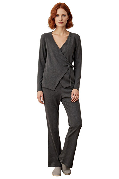 PayBuy Γυναικείο Σετ Πιτζάμες Πλεκτό Ανθρακί διπλό πέτο με Λεπτομέρεια με κορδόνια στο λαιμό Λειτουργικό Ανθεκτικό Άνετο