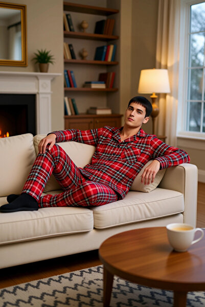 PayBuy Men's Red Plaid Shirt and Pants Pajama Set Functional Durable Quality Modern