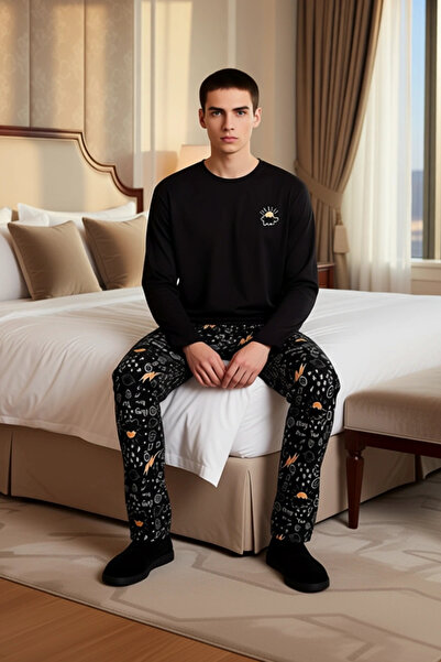 PayBuy Men's Khaki Galaxy Patterned Embroidered Pajama Set Functional Durable Quality Comfortable Stylish