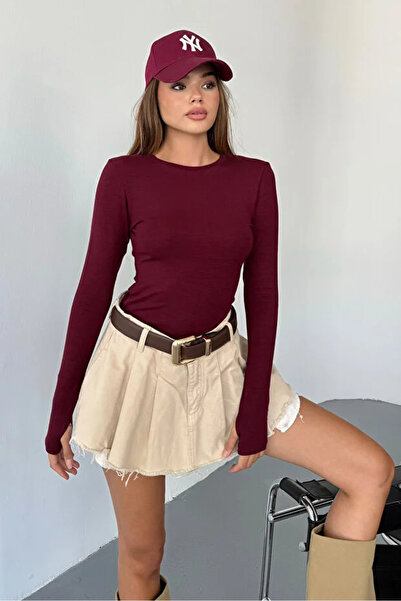 jeneric Bluză body din țesătură Buzzy cu guler rotund degete, culoare burgundy slim fit