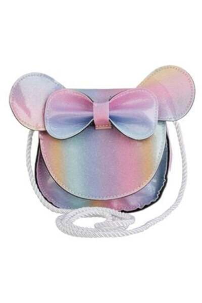 SHOPIENS Geantă Mouse cu fundă 3D, curcubeu și sclipici holografic pentru copii, 18 x 5 x 14 cm