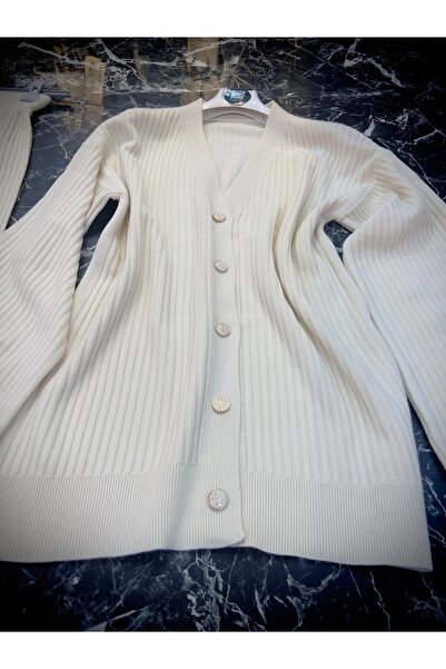 MY QILAM Women's Hijab Bottom Top Set Premium Corded Fabric Cardigan Pants Knitwear Set Ecru