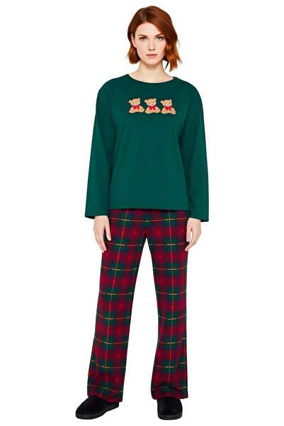 PayBuy Women's Bear Patterned Crew Neck Plaid Pajama Set Functional Durable Quality Comfortable