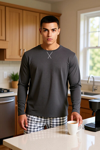 PayBuy Men's Anthracite Crew Neck Plaid Patterned Pajama Set Functional Durable Quality Stylish